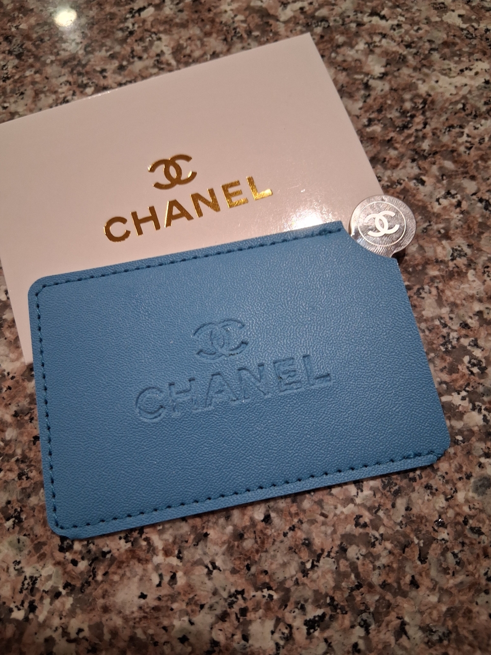 CHANEL GWP Blue Embossed Faux Leather MIRROR OR card Holder.New